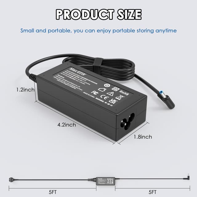 Detalle 2 de HP 65W Laptop-Ladekabel / Netzteil 19,5V 3,33A (4,5 x 3mm) für EliteBook, ProBook, Pavilion und Chromebook
