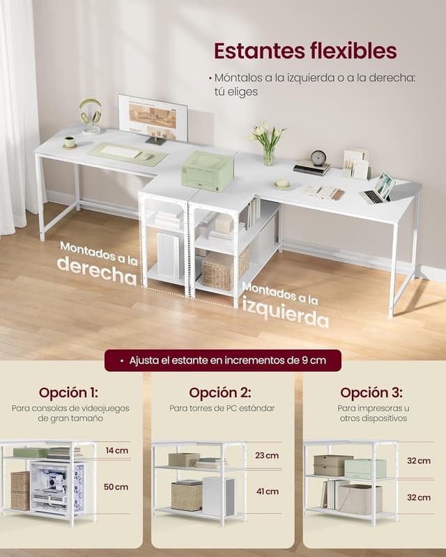 Detalle de VASAGLE Scrivania Angolare a L LWD136WF01 bianco acciaio, 120 x 80 cm con scaffale reversibile e ripiano regolabile