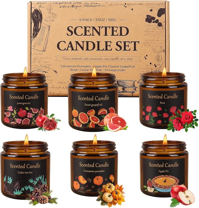 Detalle de Aeraroma Scented Candles Gift Set for Women (6 Pack) – Natural Soy Wax Aromatherapy Candles in Amber Jars, 3.5oz