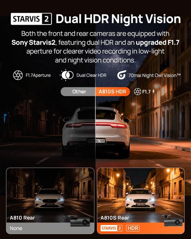 Detalle de 70mai 4K Dash Cam Front and Rear A810S (4K+1080P) with STARVIS 2, HDR, WiFi App Control, ADAS & Parking Mode
