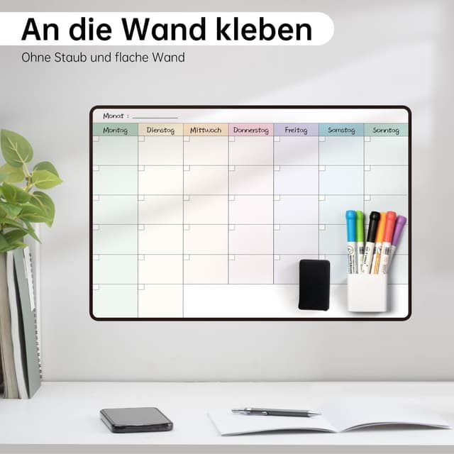 Detalle de MCCORL Whiteboard Monatsplaner/Wochenplaner (selbstklebend) 42×28 cm – abwischbar für Wand, Glas & Holz