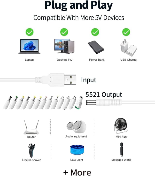Detalle de USB-auf-DC-5V Adapterkabel 1,5 m mit 5,5×2,1-mm Hohlstecker (Universal, weiß)