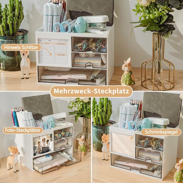 Detalle de RISEMART Schreibtisch-Organizer mit 3 Schubladen und 5 Fächern – Stifthalter, Ablage & stapelbare Ordnung für Büro und Zuhause