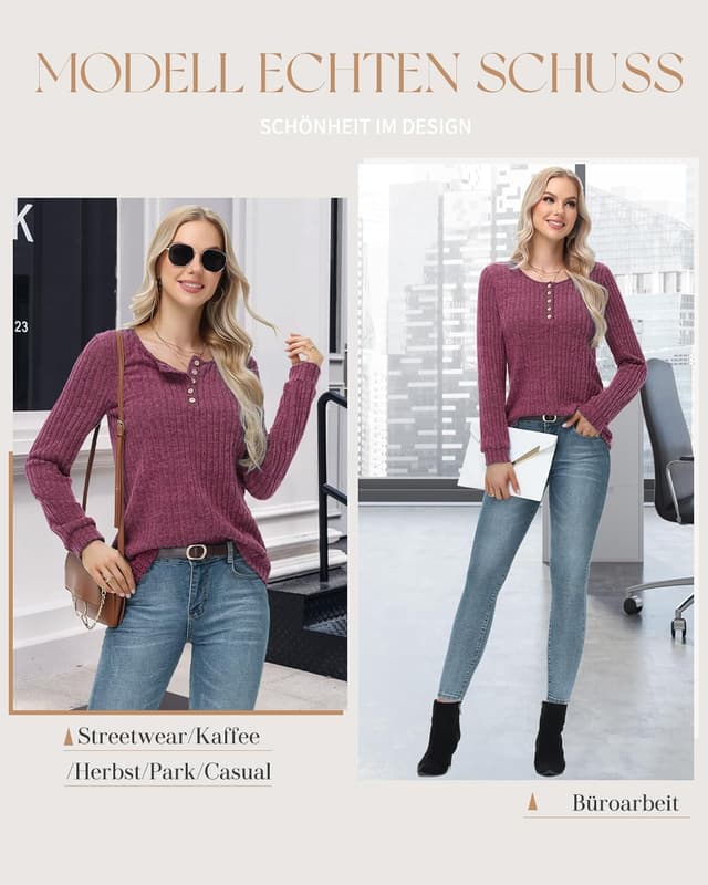 Detalle de Tanmolo Damen Henley Strickpullover mit Knöpfen