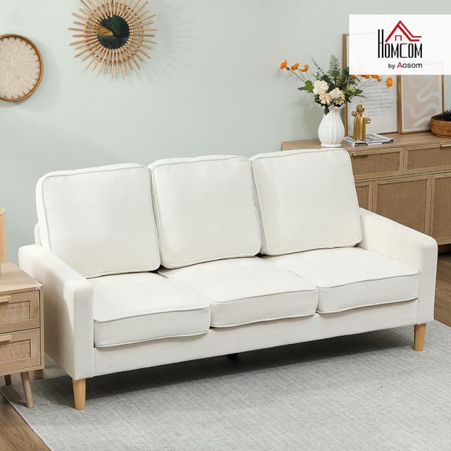 Detalle 2 de HOMCOM Canapé 3 places en velours crème avec coussins épais et assise capitonnée