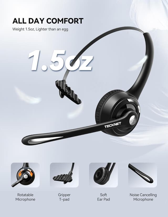 Thumbnail 5 de TECKNET Bluetooth Headset Noise‑Cancelling Mic