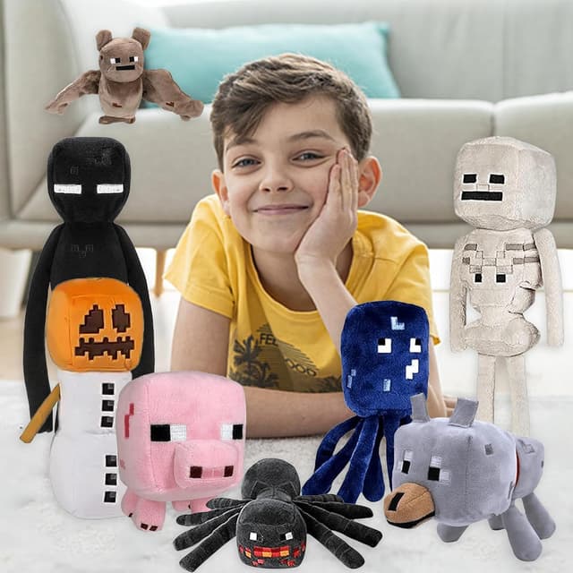 Detalle de XSLWAN 8-Pack Minecraft-Style Plush Set (Snow Golem, Enderman, Baby Wolf, Baby Pig, Spider, Bat, Skeleton Shooter, Squid)