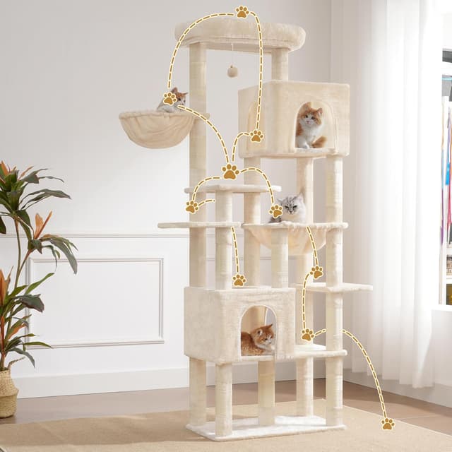 Thumbnail 6 de Heybly Kratzbaum Groß (193 cm) – mit 2 Katzenhäuschen, Hängematte, Korb und 10 Sisal-Kratzstämmen, Beige HCT039M