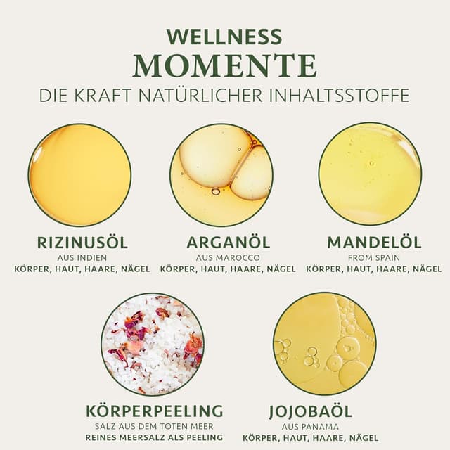 Detalle de Satin Naturel luxuriöses Geschenkset mit Bio-Arganöl, Bio-Rizinusöl, Mandel- & Jojobaöl sowie Body Scrub aus Totes Meer Salz
