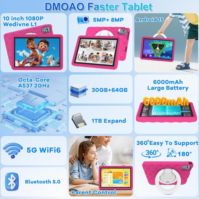 Detalle 2 de DMOAO Tablette Enfants 10 pouces Android 15, 5G Wi‑Fi 6, 30 Go RAM (TF 2 To) et contrôle parental, rose rouge