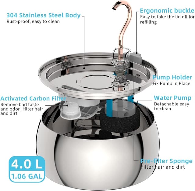 Detalle 2 de TOMXCUTE Katzenbrunnen 4L Trinkbrunnen aus Edelstahl für Katzen 🐾