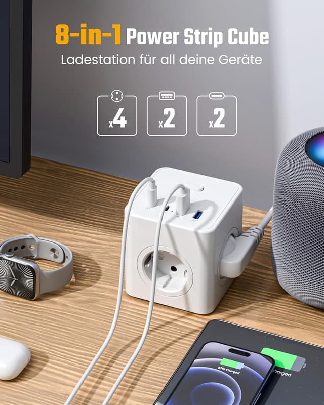 Detalle 2 de RIXGLEAM Steckdosenwürfel mit USB 8-in-1 (2× USB‑C bis 20 W, 4× Schuko, 1,5 m) weiß