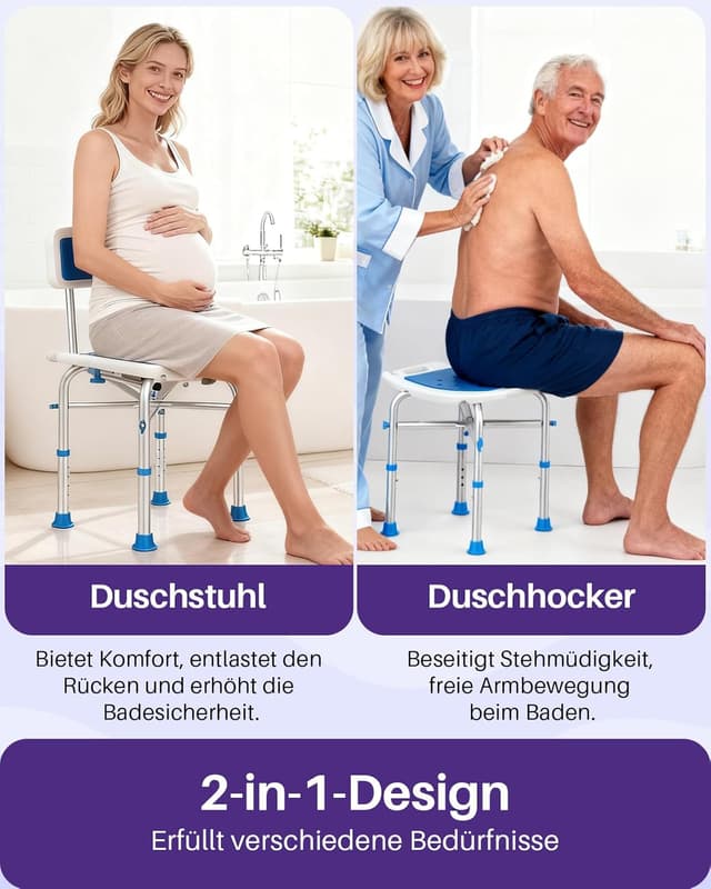 Detalle de KEKOY Duschhocker mit Lehne (2-in-1) – höhenverstellbarer Duschstuhl für Senioren & eingeschränkte Mobilität, Blau