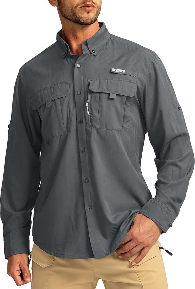 Detalle de Men’s UPF 50+ Sun Protection Fishing Shirt with Roll-Up Sleeves, Vented Back & Zipper Pockets