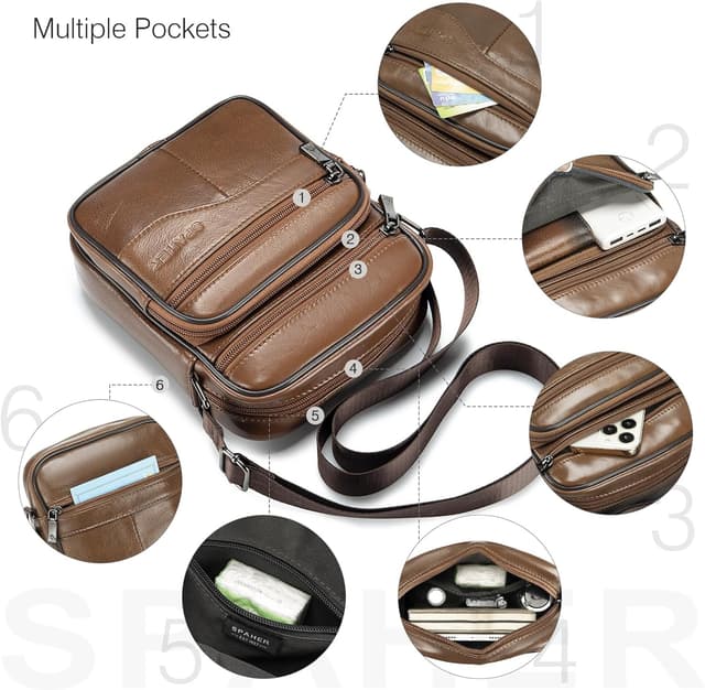 Detalle de SPAHER sacoche homme cuir véritable avec bandoulière réglable (petit sac porté épaule / porté travers)