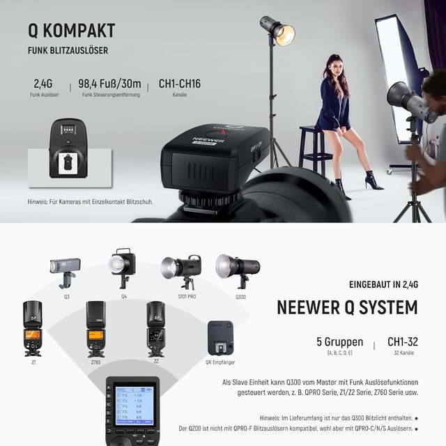 Detalle de NEEWER Q300 300Ws 2,4G Outdoor Studioblitz mit Q-Komakt Funkauslöser (Q-System) und 7800mAh Akku