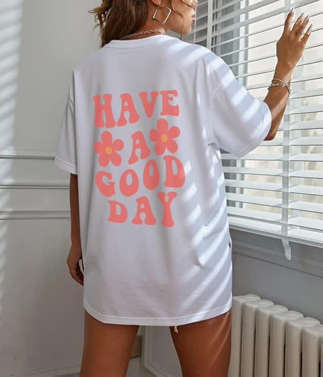 Detalle de Oversized Damen T-Shirt aus Baumwolle (Kurzarm, Rundhalsausschnitt) mit Druck – Sommer Casual Top für lässige Outfits