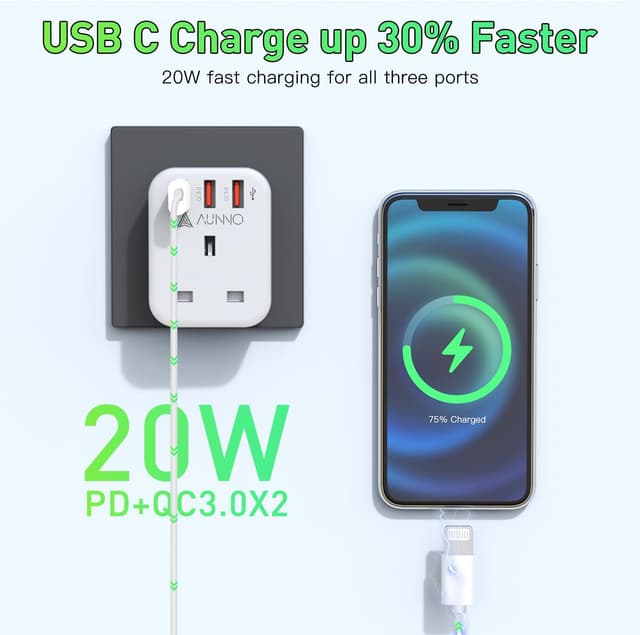 Thumbnail 5 de AUNNO UK to European Plug Adapter PD 20W, 2 USB ⚡