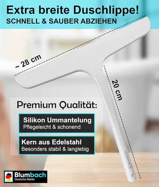 Detalle de BLUMBACH Abzieher für Dusche mit Halterung – Duschabzieher aus Silikon und Edelstahl, 28 cm breit (weiß)