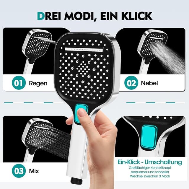 Detalle 2 de HydroLuxe Soffione doccia cromato con 3 tipi di getto e anticalcare (130 mm)