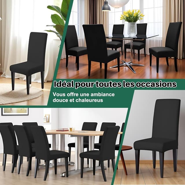 Detalle de Dioxide housse de chaise extensible pour salle à manger – lot de 4 pièces (noir)
