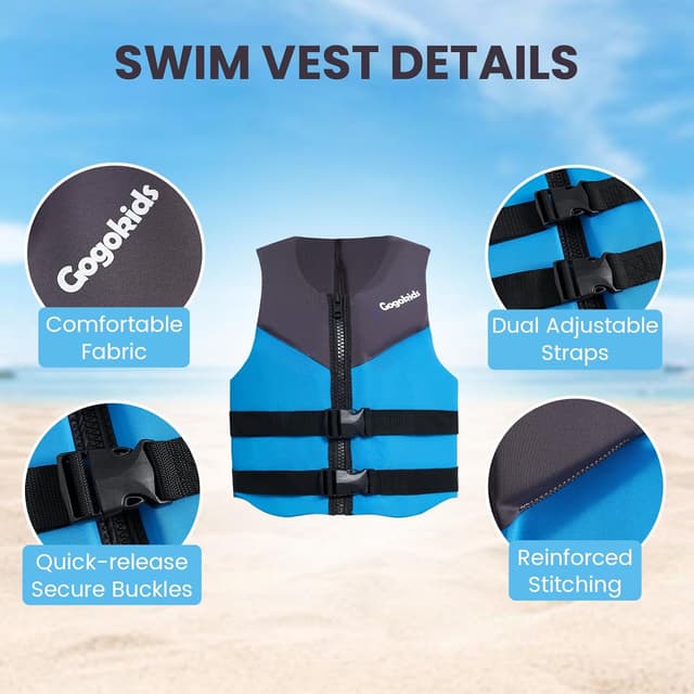 Detalle de Gogokids Youth Swim Vest (50-90 lbs & 75-125 lbs) — Soft Neoprene Swim Jacket with Adjustable Straps
