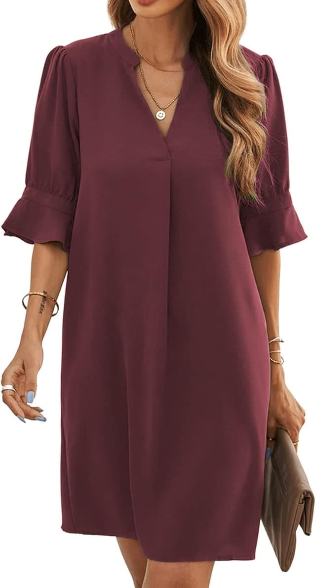 Detalle de Famulily Women’s V Neck Half Sleeve Shirt Dress midi-style casual summer dress (S–XXL)