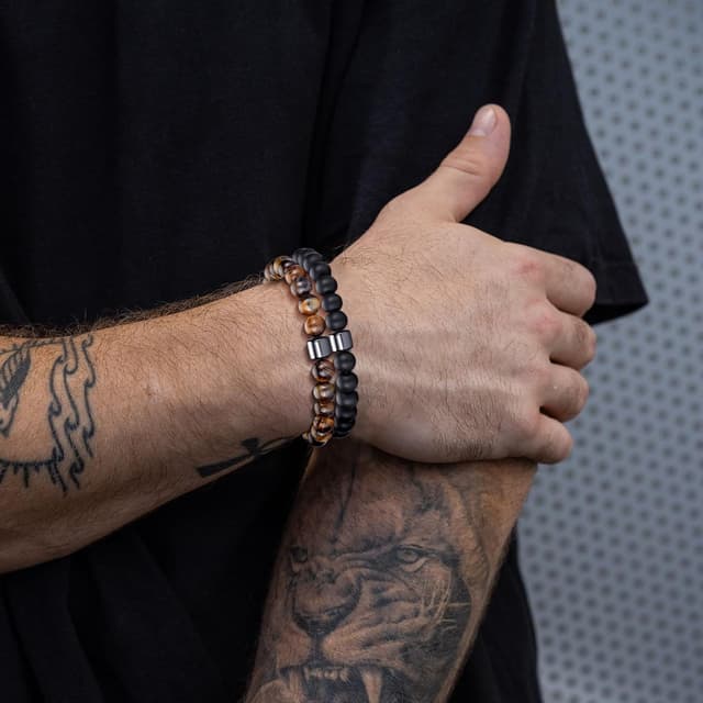 Detalle 2 de MOROTOLE Herren-Armband-Set mit 8-mm Tigerauge, Lavastein und Obsidian – Stretcharmbänder aus Naturstein