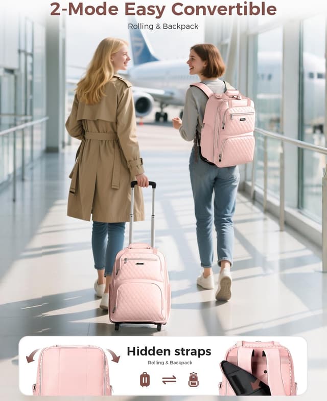 Detalle de Ponhog sac à dos à roulettes pour femme avec compartiment ordinateur 15,6" et 30 L (rose)