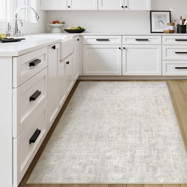 Detalle de PureCozy Beige/Grau Kurzflor Teppich 140x200 – waschbar, rutschfest und pflegeleicht für Wohnzimmer & Co.