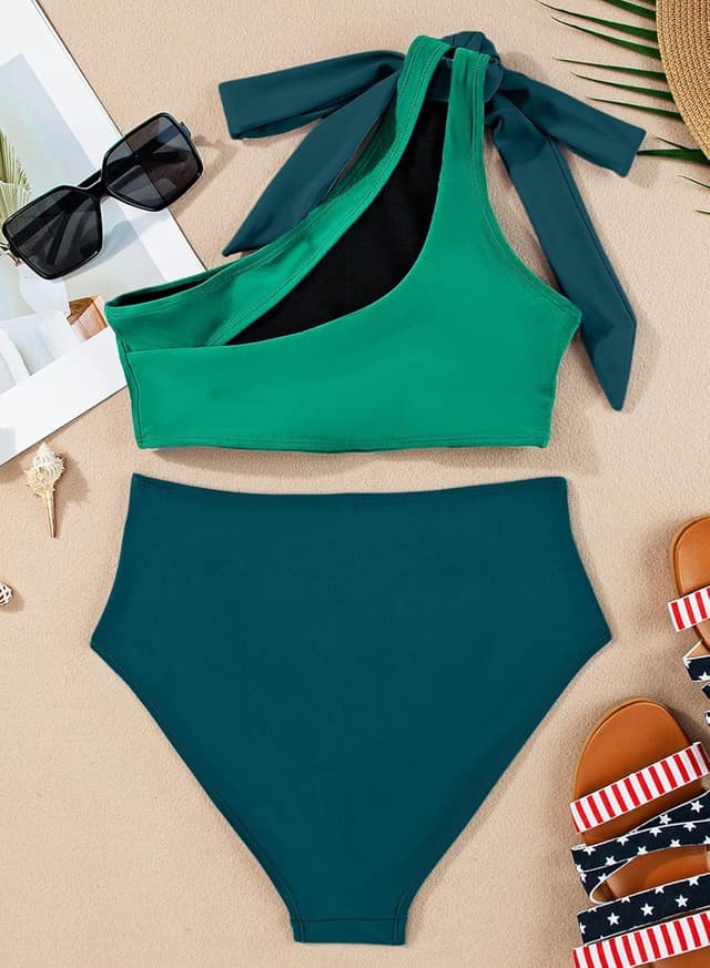 Detalle de Herseas Women’s One-Bow One-Shoulder Ruched Bikini Set (2-Piece)