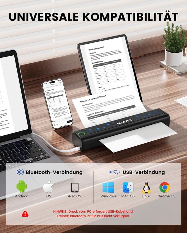 Detalle de NEWYES Tragbarer Thermodrucker für A4 (300 dpi) – Bluetooth-Drucker für Geschäftsreisen & Studium