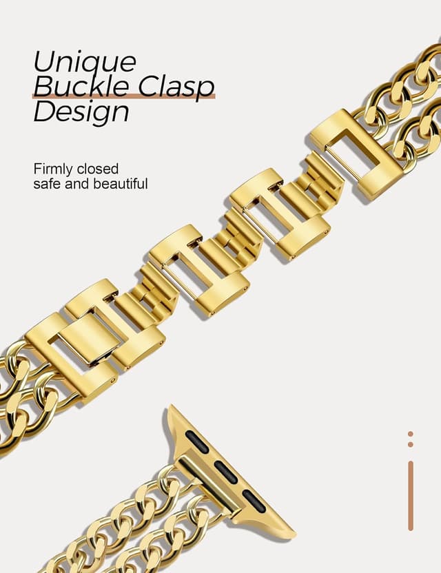 Detalle de JR.DM Gold Watch Bands for Women — Adjustable Metal Chain Bracelet for Apple Watch 38mm–49mm (No Case)