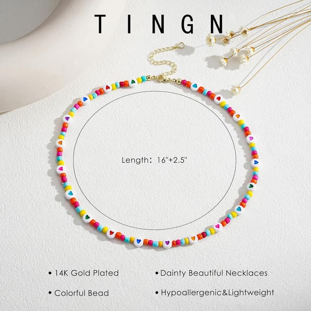 Thumbnail 6 de TINGN Bunte Perlenkette für Damen – handgefertigte Boho Herz-Perlenkette mit verstellbarer Länge