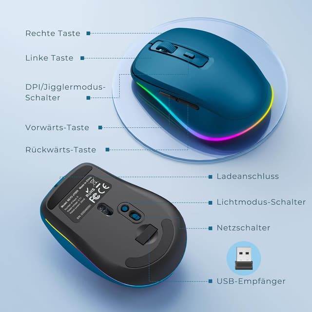 Detalle 2 de seenda Kabellose Maus mit Jiggler – wiederaufladbare 2,4G Funkmaus mit LED, leise, 2000 DPI