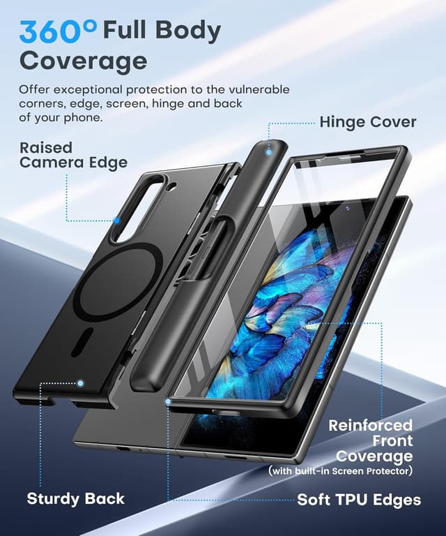 Detalle de BERFY for Galaxy Z Fold 6 Case with Screen Protector, MagSafe Compatibility, Built-in Kickstand & S Pen Slot (Black)