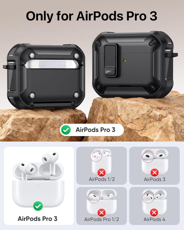 Detalle 2 de MoKo AirPods Pro 3 Case with Lock (2025) – MagSafe Compatible, Phone Stand & Cleaning Kit, Black