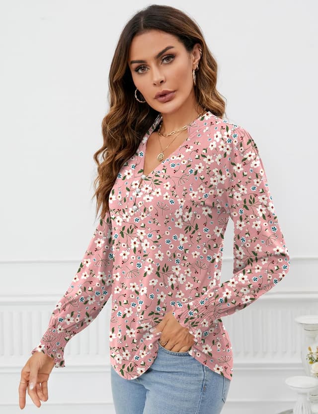 Detalle 2 de Rapbin Women’s V-Neck Puff Long Sleeve Top with Pearl Buttons & Pleated Cuffs