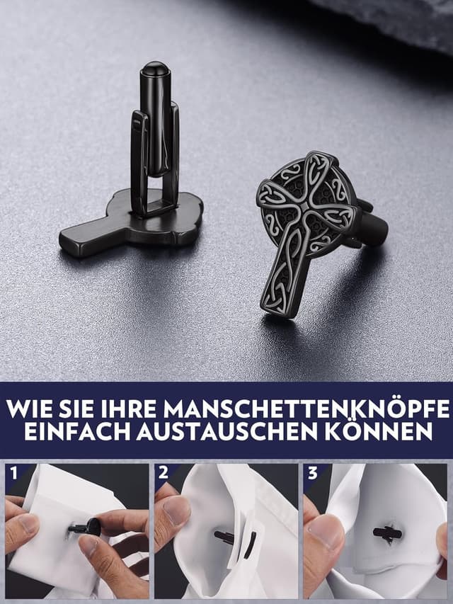 Detalle de Bandmax Manschettenknöpfe Herren aus Edelstahl im Wikinger-Design (Kreuz), silbern/schwarz