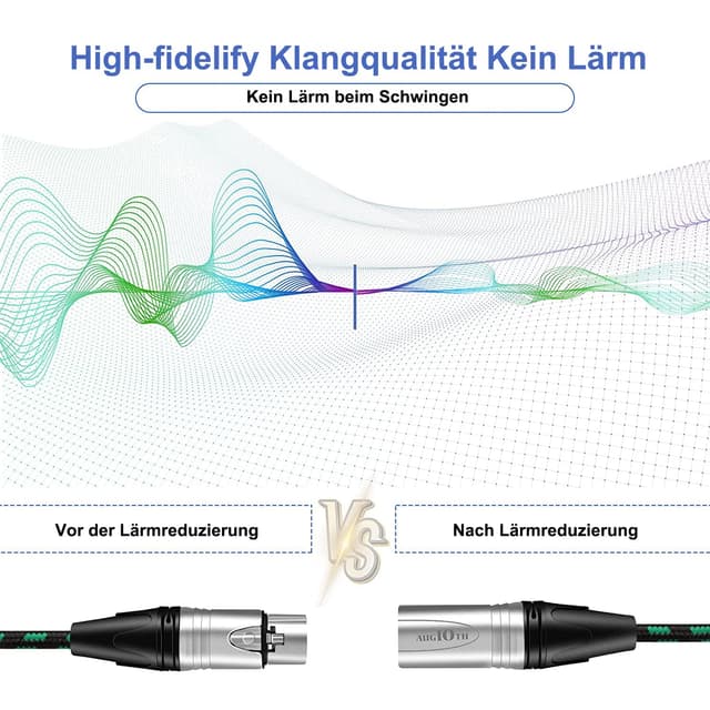 Detalle de Augioth XLR to XLR Pro Mic Cable (3-pin, male to female) – 6 metre green balanced shielded cable