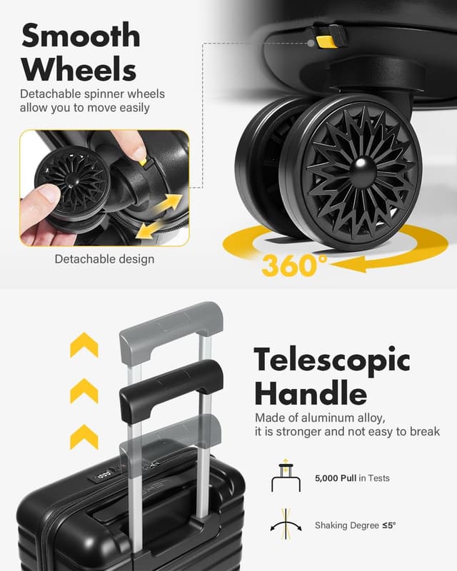 Detalle de Lekesky EasyJet cabin suitcase 45x36x20cm with TSA lock, expandable ABS hard shell and detachable 360° spinner wheels (Black)