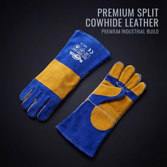 Detalle de RAPICCA Welding Gloves Fire Heat Resistant (Blue) 16IN, 932°F Leather Cover for MIG/Flux-Core/SMAW & forge work