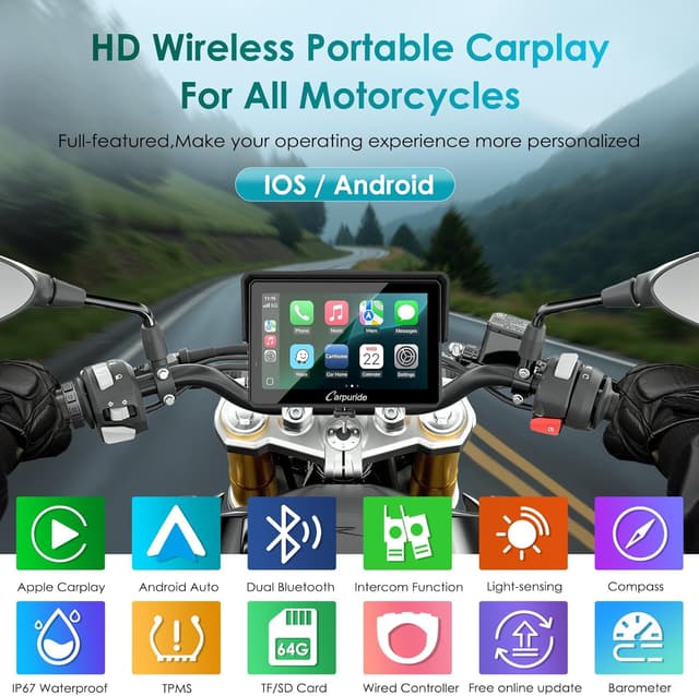 Detalle de Carpuride W502S Pro Motorrad-GPS mit kabellosem CarPlay/Android Auto und BM05-Halterung