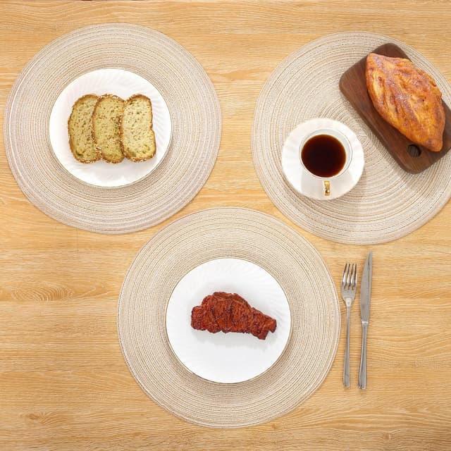 Detalle de SHACOS round braided placemats and coasters set of 6 (beige) – washable heat-resistant table mats