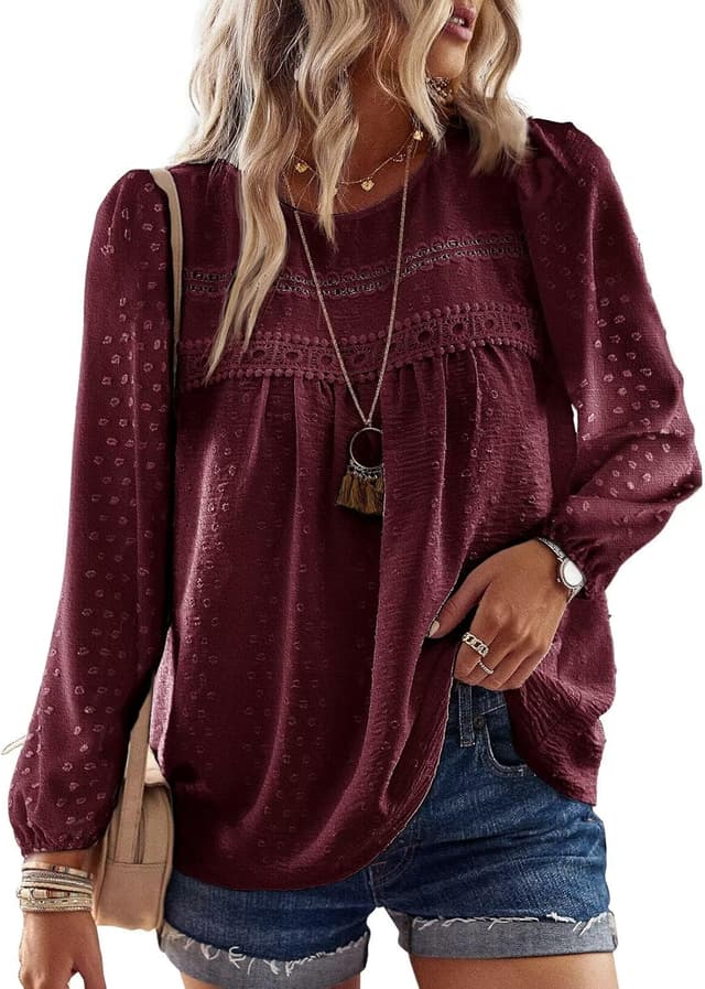 Detalle de TUUHAW Langarmshirt Damen Boho-Tunika mit Rundhals & Häkelapplikation