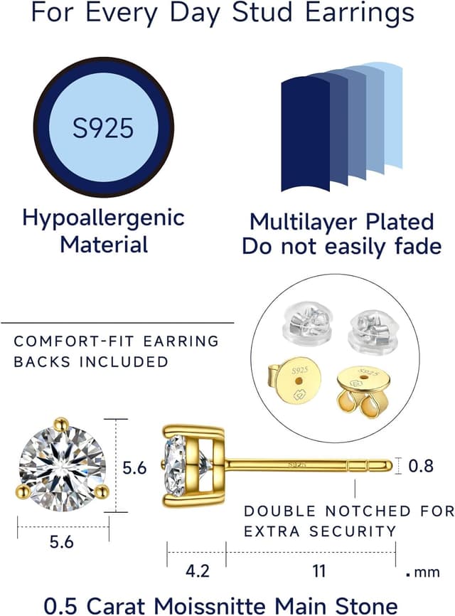 Thumbnail 6 de MomentWish Moissanite Ohrstecker aus 925 Silber, 0,6–3 Karat – vergoldet, hypoallergen