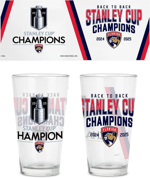 Detalle de Rico Industries Florida Panthers Back-to-Back Champions 2025 16 oz Pint Glasses (Set of 2)