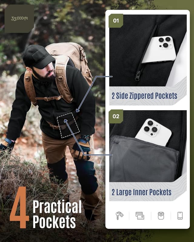 Detalle de 33,000ft Herren Fleecejacke leicht mit Full Zip – warme Outdoor-Übergangsjacke fürs Wandern & Freizeit