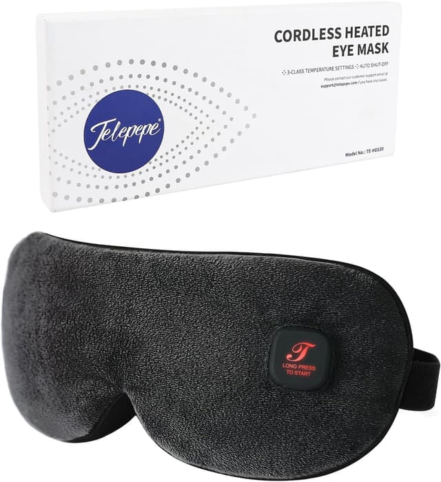 Detalle de Heated Eye Mask (Warm Eye Compress) Cordless, 3 Heat Levels, 1000mAh Rechargeable Battery, Washable Detachable Cover – Black