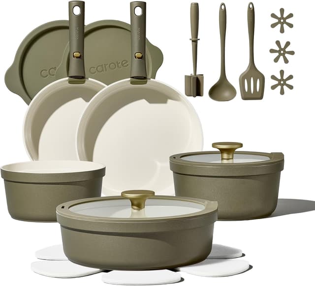 Detalle de Carote 21-Piece Ceramic Nonstick Cookware Set with Detachable Handles (PFAS & PFOA Free) — Olive Green